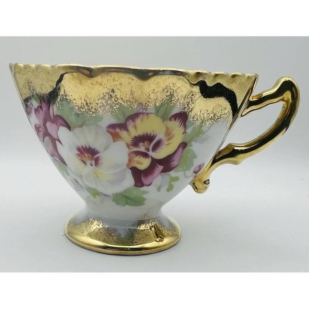 Norcrest Teacup Saucer Gold Encrusted Pansy Floral Footed China Japan Vintage